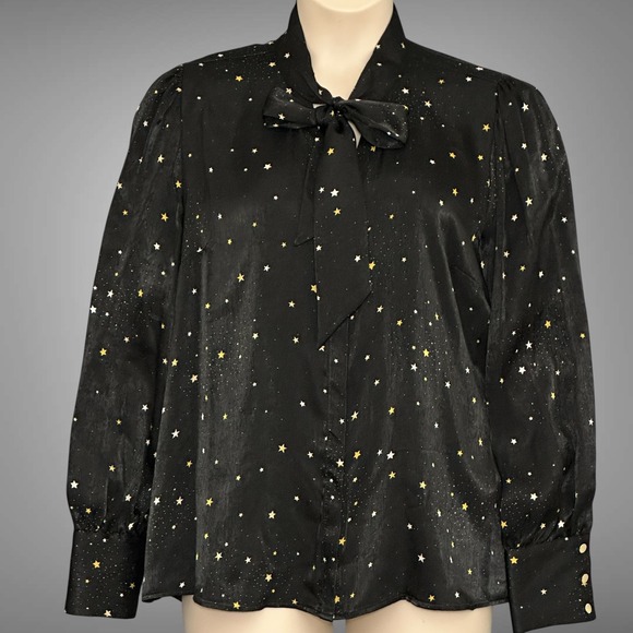 Investments WomensTop XL Black Satin Gold Star Print Tie Office Whimsigoth Fairy - Picture 1 of 13